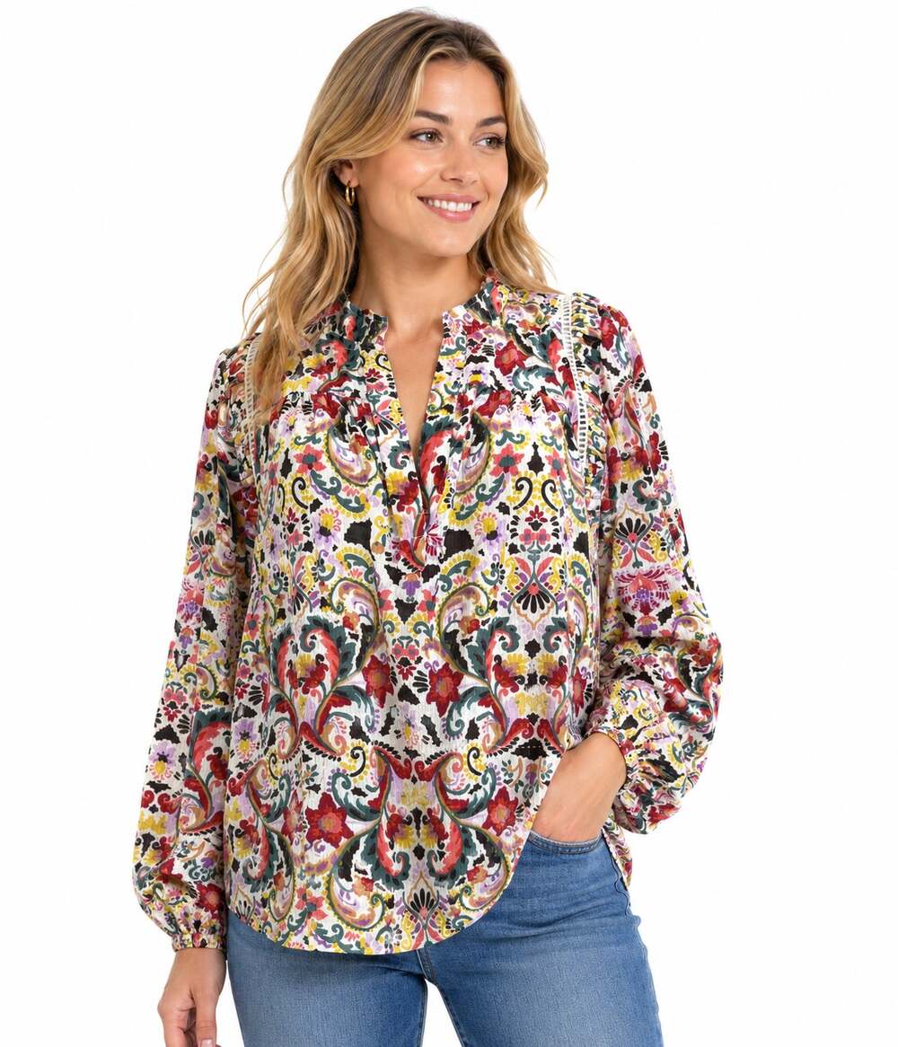LOFT Petite MP Floral Paisley Blouse Multicolor Boho Peasant Long Sleeve NWOT
